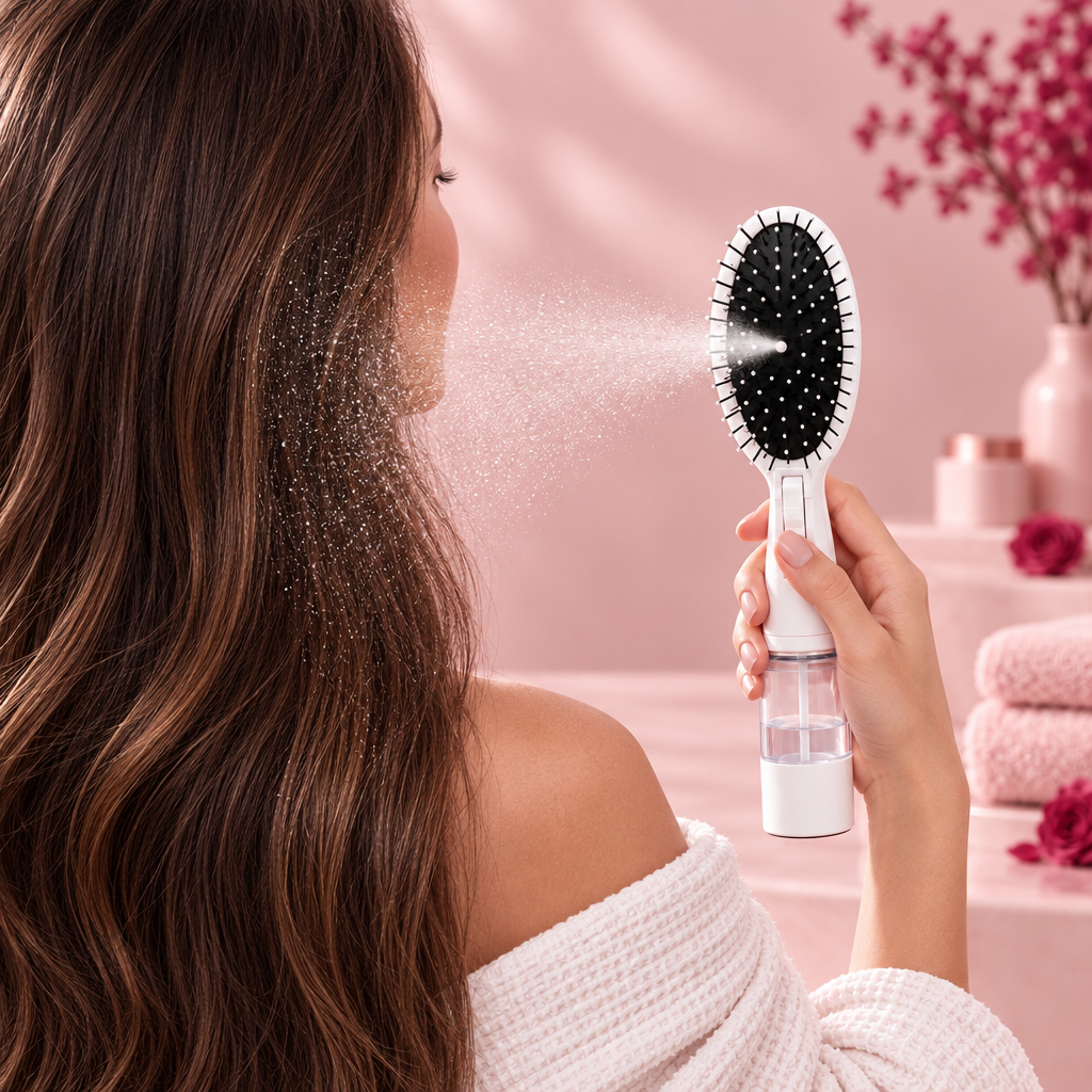 White spray brush misting hair