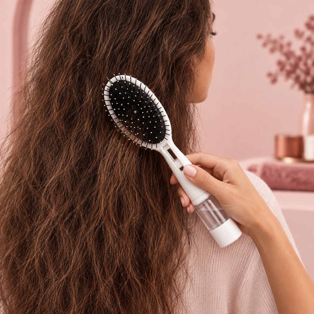 White Virelux brush gliding through frizzy hair